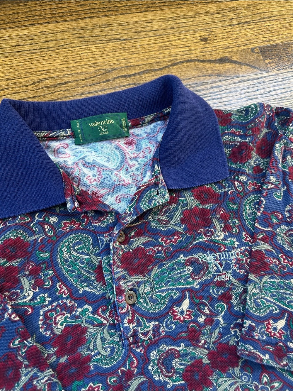 VALENTINO Vintage Uomo Short-Sleeve Polo Shirt w/ Paisley Floral Pattern